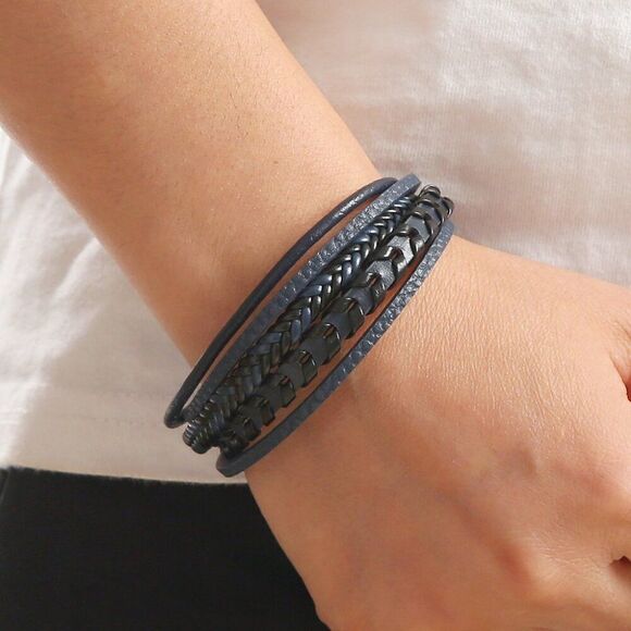 Leather Braided Men Bracelet Navy Blue - Picture 8 of 13